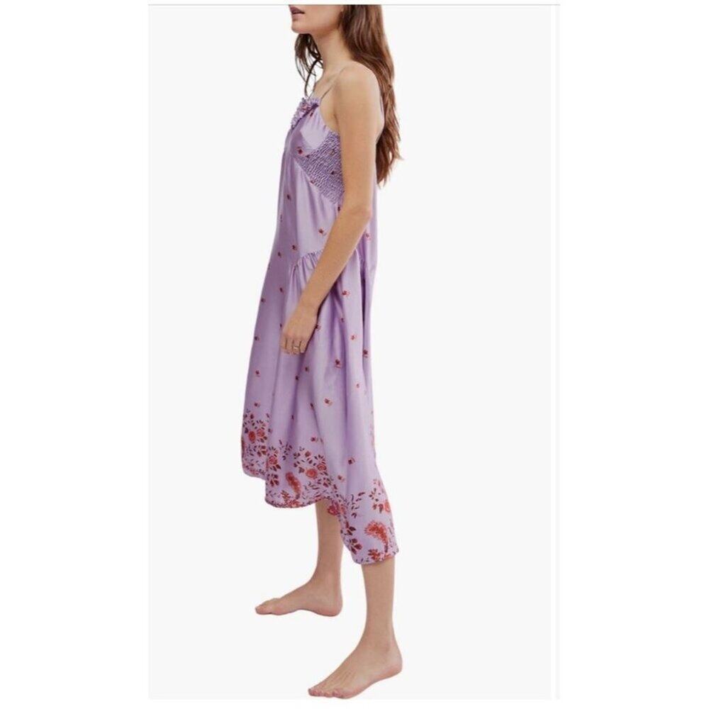Free People Intimately On My Own Printed Dress Purple Satin Floral Maxi Medium - Picture 3 of 11
